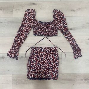 Off the Shoulder Mini Skirt Set Spring Floral Top Drawstrings Statement Blouse